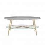 42" Oval Faux Marble and Glass Coffee Table - Grey Faux Vein Cut Marble/Gold