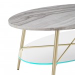 42" Oval Faux Marble and Glass Coffee Table - Grey Faux Vein Cut Marble/Gold