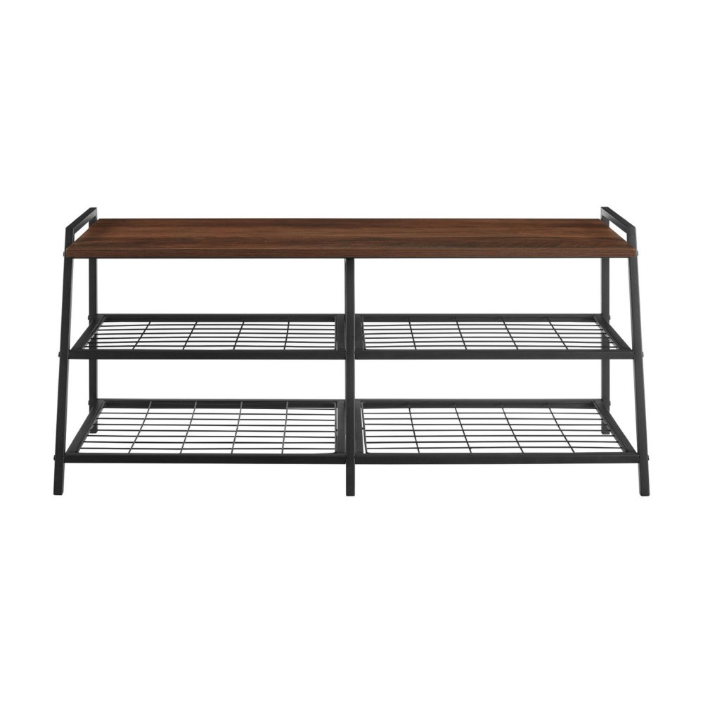 Arlo 42" Industrial Metal and Wood Entry Bench with Shoe Rack - Dark Walnut