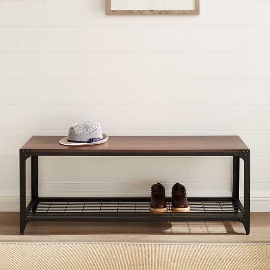 48" Industrial Angle Iron Entry Bench with Shelf - Dark Walnut