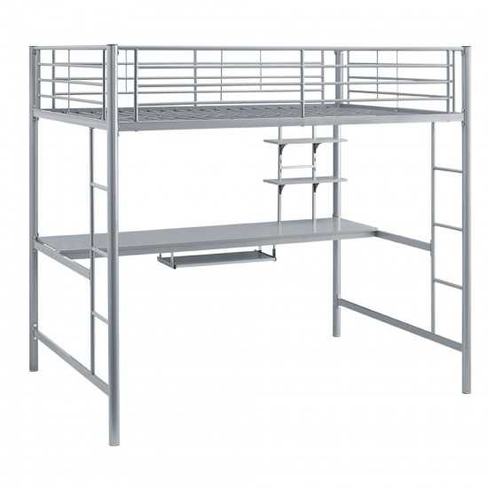 Premium Metal Full Size Loft Bed with Wood Workstation - Silver