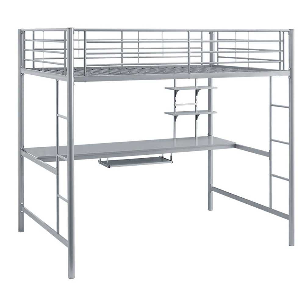 Premium Metal Full Size Loft Bed with Wood Workstation - Silver Premium Metal Full Size Loft Bed with Wood Workstation - Silver