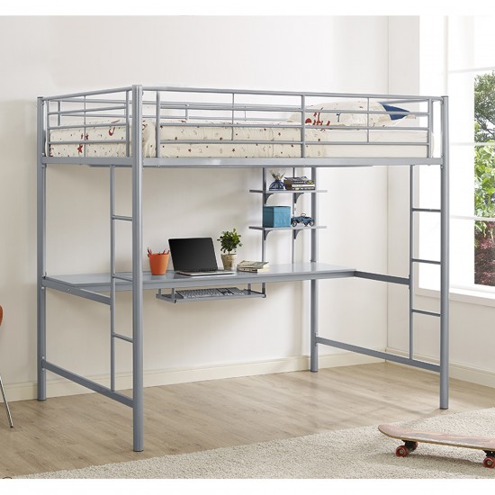 Premium Metal Full Size Loft Bed with Wood Workstation - Silver