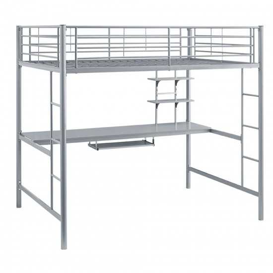 Premium Metal Full Size Loft Bed with Wood Workstation - Silver