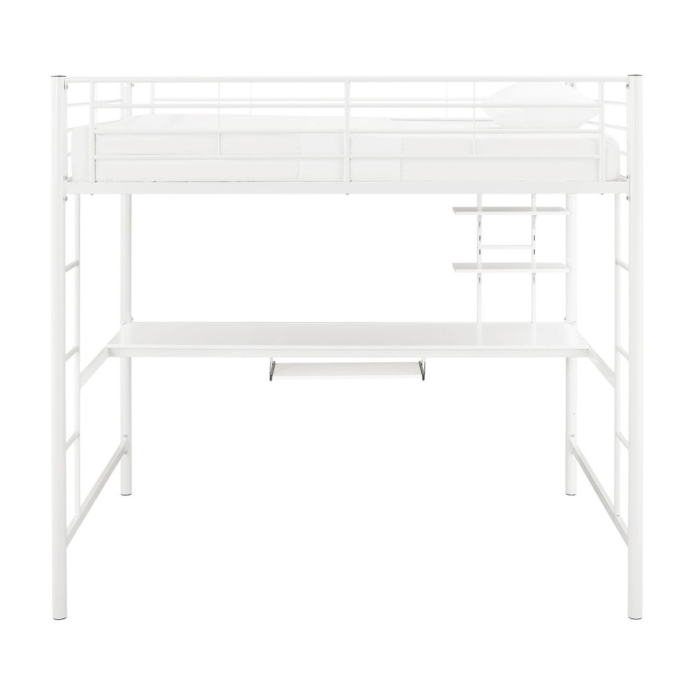 Premium Metal Full Size Loft Bed with Wood Workstation - White