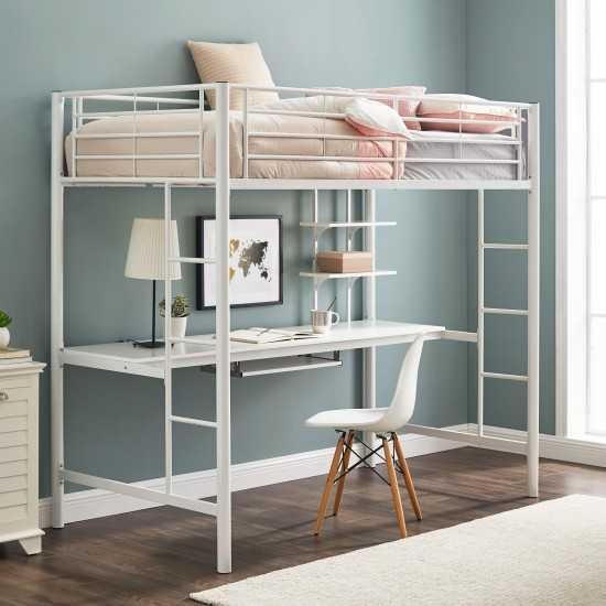 Premium Metal Full Size Loft Bed with Wood Workstation - White