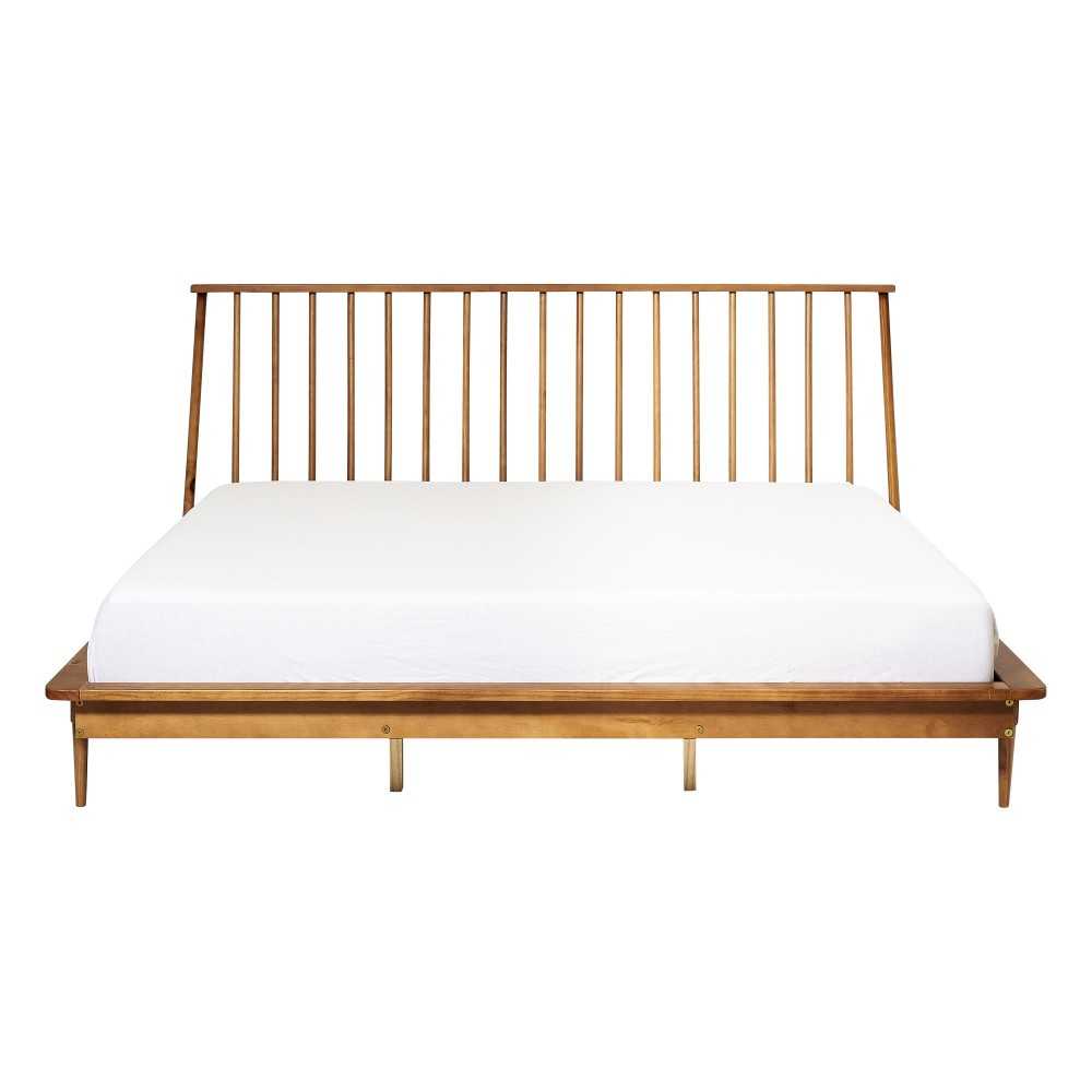 King Mid Century Modern Solid Wood Spindle Platform Bed - Caramel