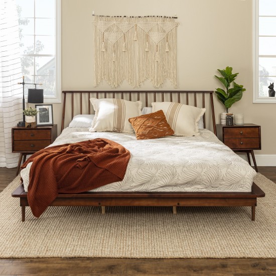 King Mid Century Modern Solid Wood Spindle Platform Bed - Walnut