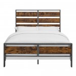 Industrial Queen Size Metal and Wood Plank Bed - Brown