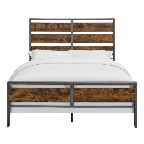 Industrial Queen Size Metal and Wood Plank Bed - Brown