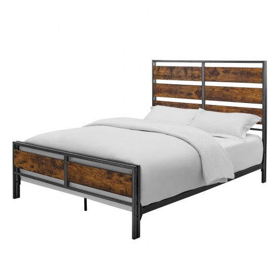 Industrial Queen Size Metal and Wood Plank Bed - Brown