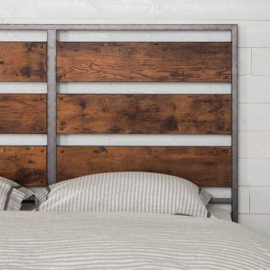 Industrial Queen Size Metal and Wood Plank Bed - Brown