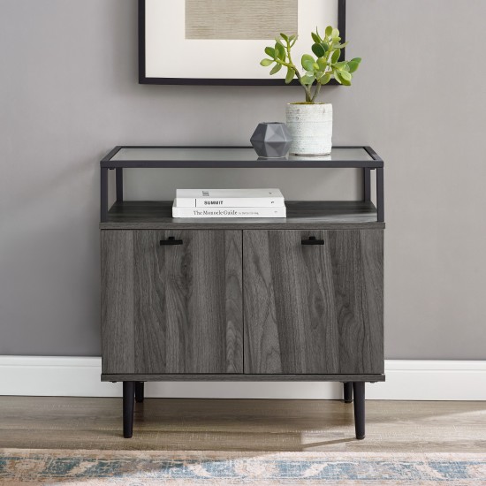 Modern Glass Top 2-Door Nightstand - Slate Grey