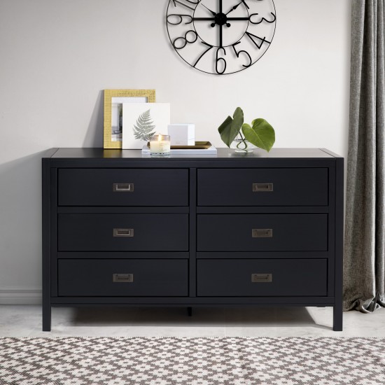 Lydia 57" Classic Solid Wood 6 Drawer Dresser - Black