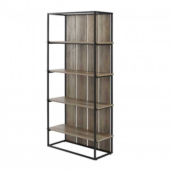 64" Farmhouse Plank Back Bookshelf - Grey Wash/Black Metal