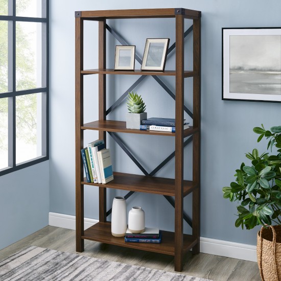 64" Farmhouse Metal X Bookshelf - Dark Walnut