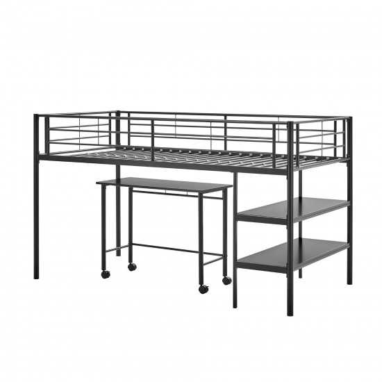 Premium Metal Twin Low Loft Bed with Desk - Black