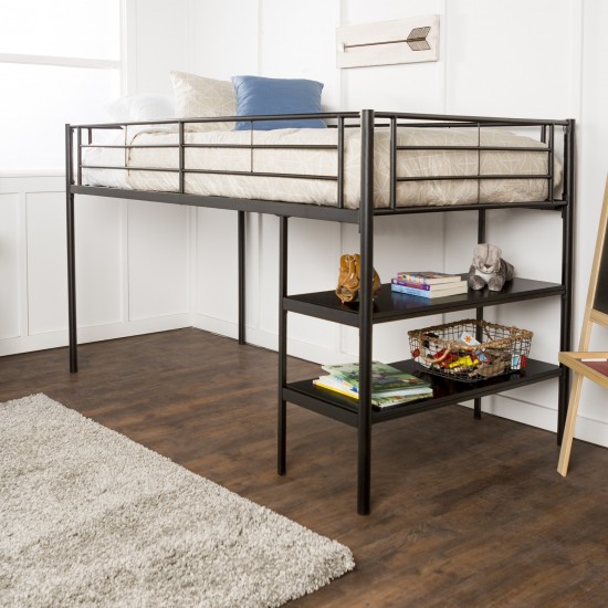 Premium Metal Twin Low Loft Bed with Desk - Black