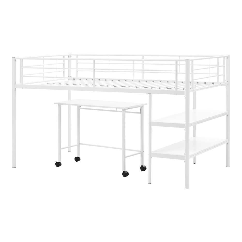 Premium Metal Twin Low Loft Bed with Desk - White