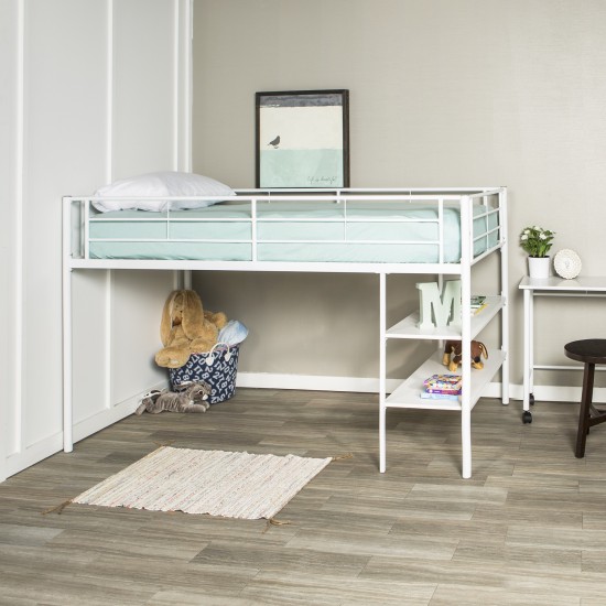 Premium Metal Twin Low Loft Bed with Desk - White