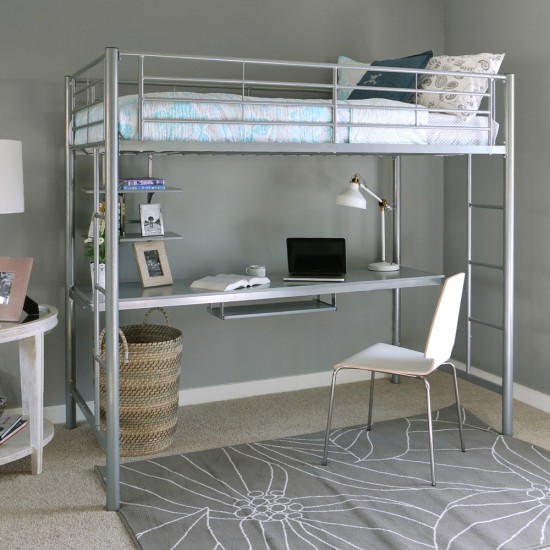 Premium Metal Twin Loft Bed with Workstation - Silver
