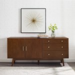 70" Mid Century Modern 3 Drawer, 2 Door Sideboard - Walnut