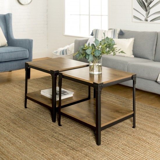 Angle Iron Rustic Wood End Side Table, Set of 2 - Barnwood