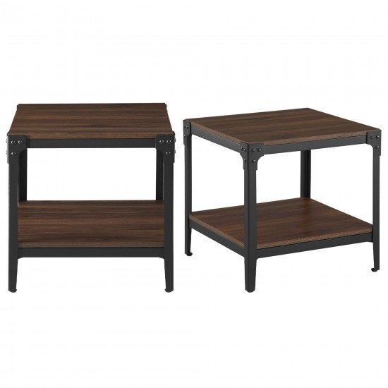 Angle Iron Rustic Wood End Side Table, Set of 2 - Dark Walnut