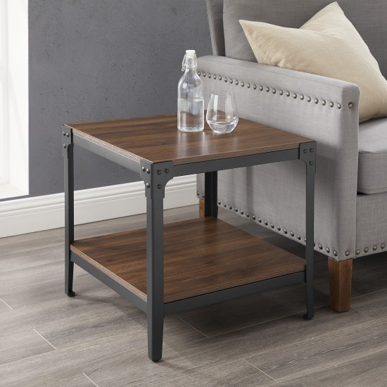 Angle Iron Rustic Wood End Side Table, Set of 2 - Dark Walnut