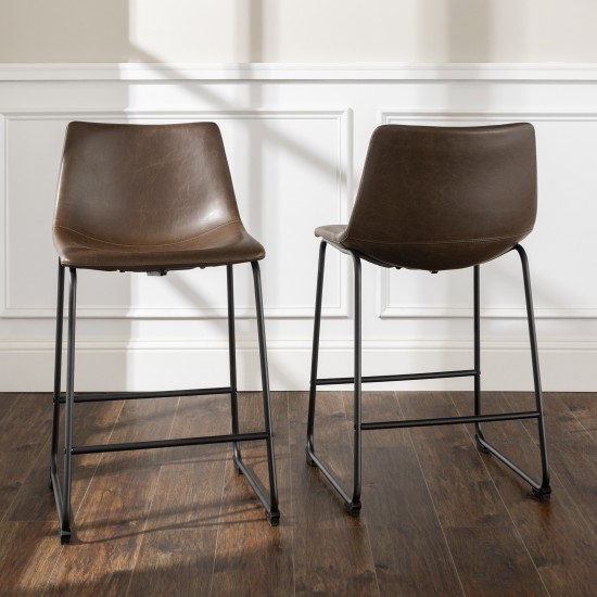 24" Industrial Faux Leather Counter Stools, Set of 2 - Brown