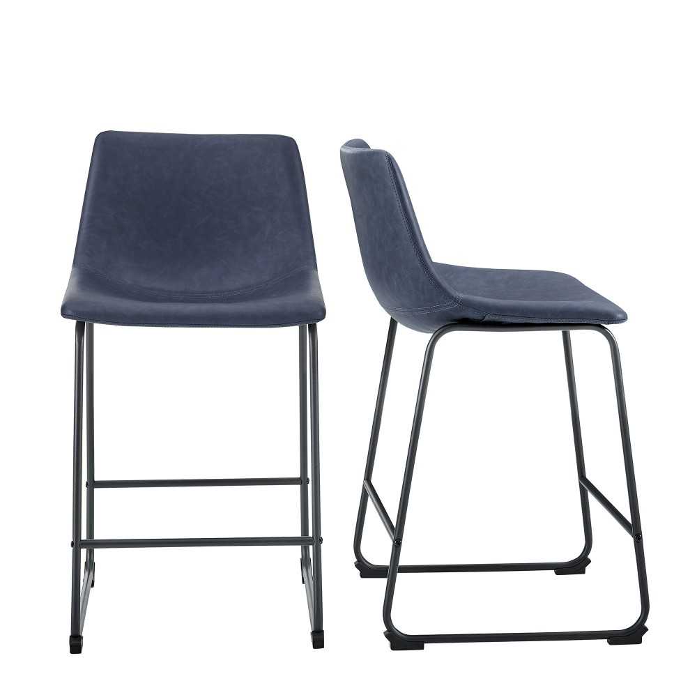 24" Industrial Faux Leather Counter Stools, Set of 2 - Navy Blue