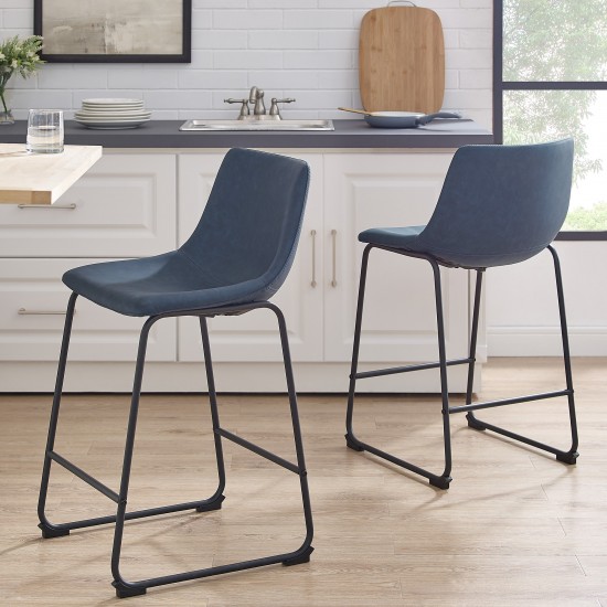 24" Industrial Faux Leather Counter Stools, Set of 2 - Navy Blue