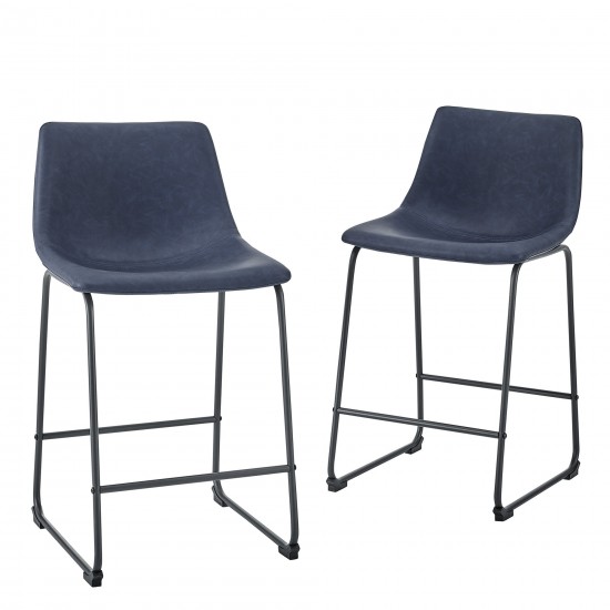 24" Industrial Faux Leather Counter Stools, Set of 2 - Navy Blue