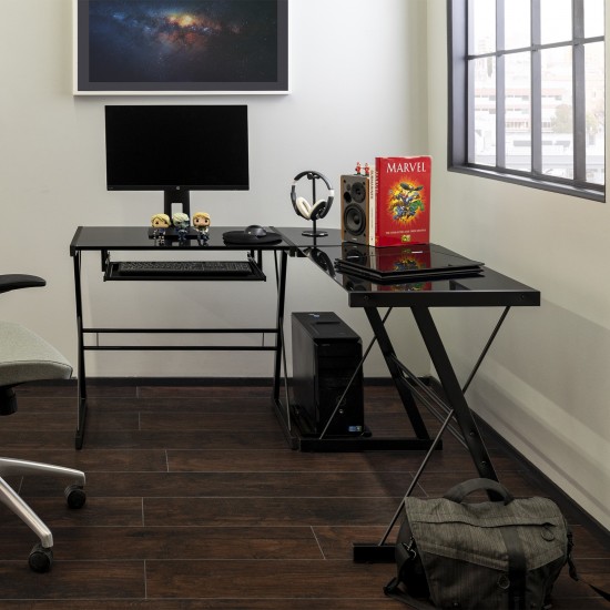 51” Modern Metal Glass Corner Computer Desk - Black