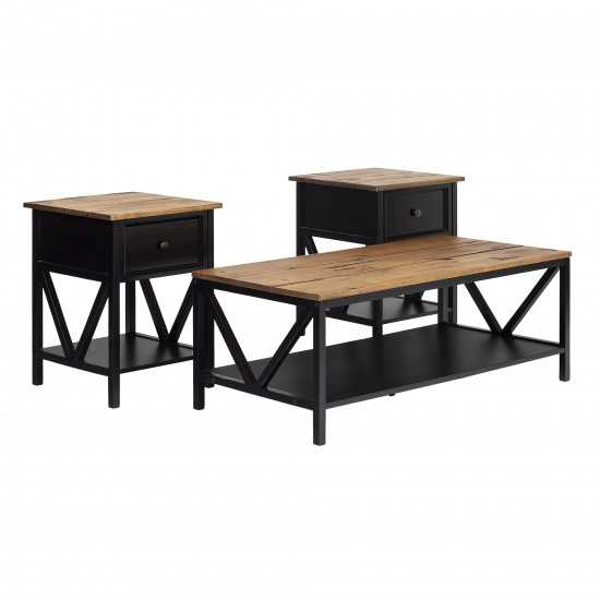 3-Piece Distressed Solid Wood Table Set - Rustic Oak/Black