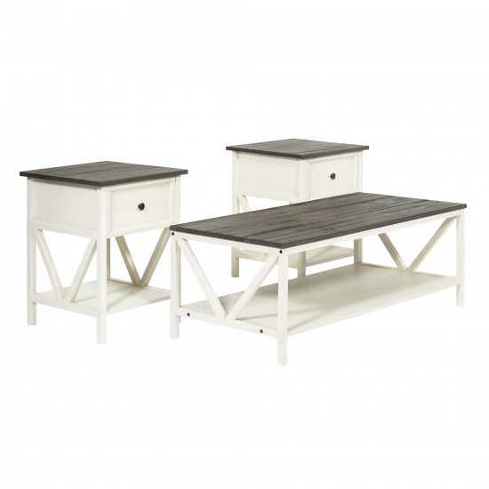 3-Piece Distressed Solid Wood Table Set - Grey/White Wash