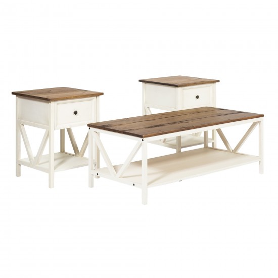 3-Piece Distressed Solid Wood Table Set - Rustic Oak/White Wash