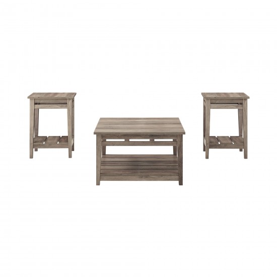 3 Piece Farmhouse Square Coffee Table and Side Tables - Grey Wash