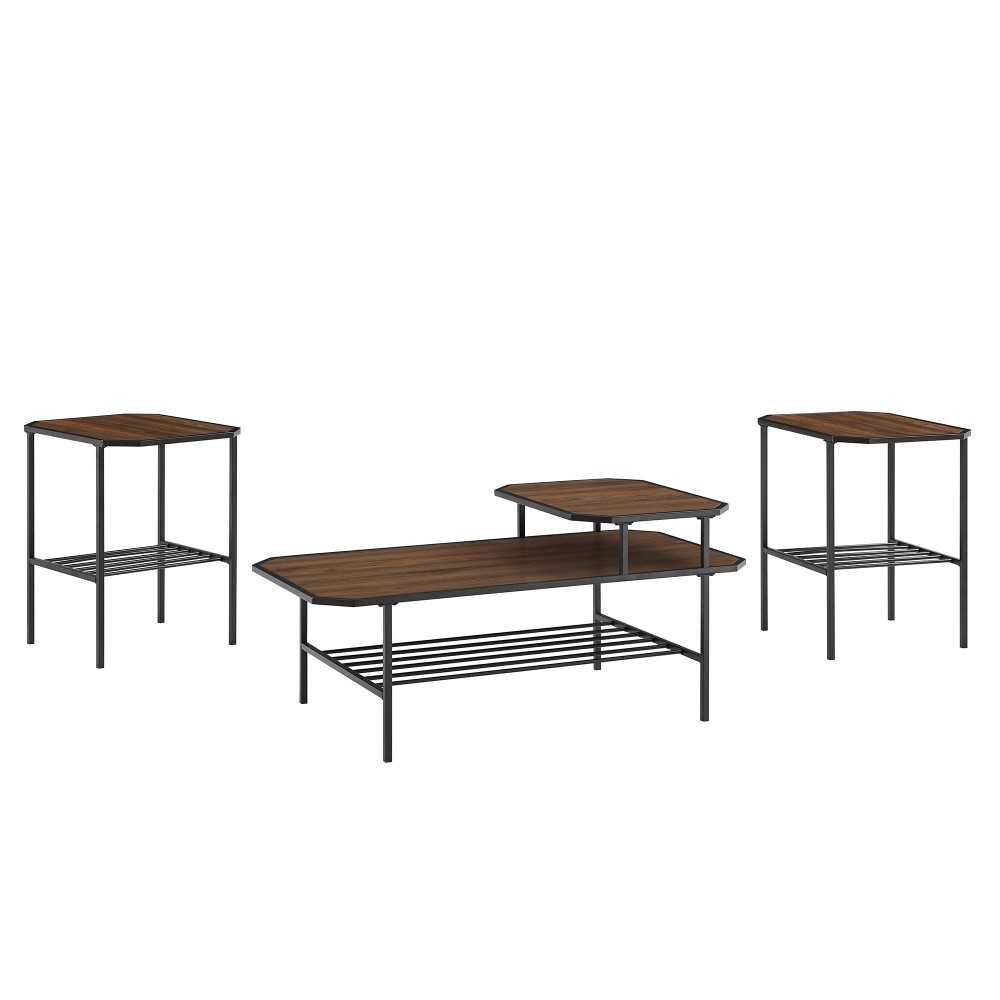 3 Piece Tiered Mixed Material Accent Table Set - Dark Walnut 3 Piece Tiered Mixed Material Accent Table Set - Dark Walnut