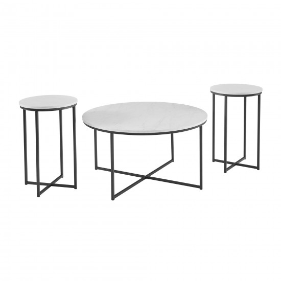 Alissa 3 Piece X-Base Coffee and Side Tables - White Faux Marble/Black