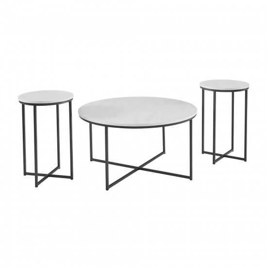 Alissa 3 Piece X-Base Coffee and Side Tables - White Faux Marble/Black