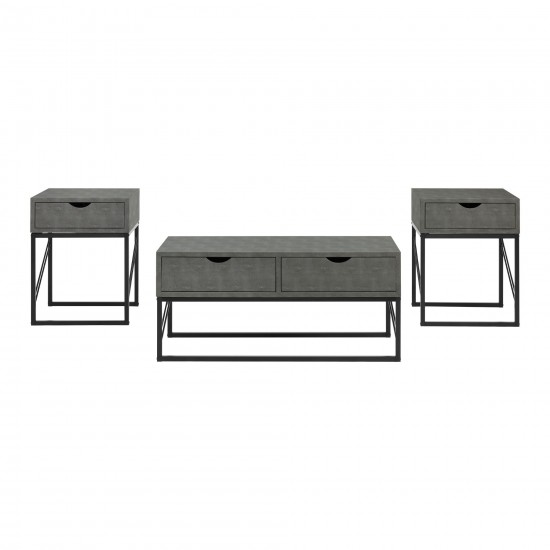 3 Piece Faux Shagreen Coffee Table and Side Tables - Grey