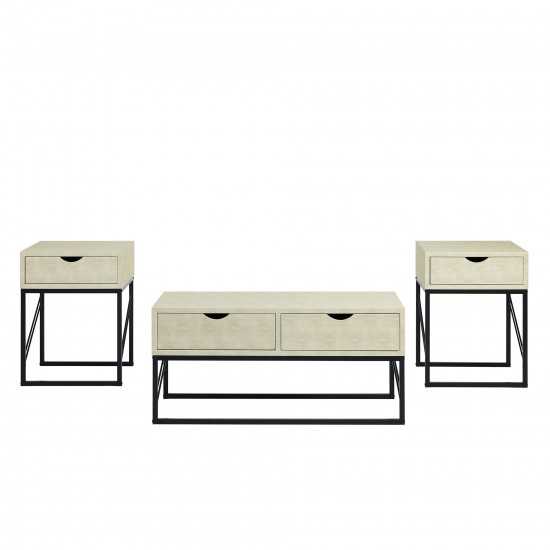 3 Piece Faux Shagreen Coffee Table and Side Tables - Off White