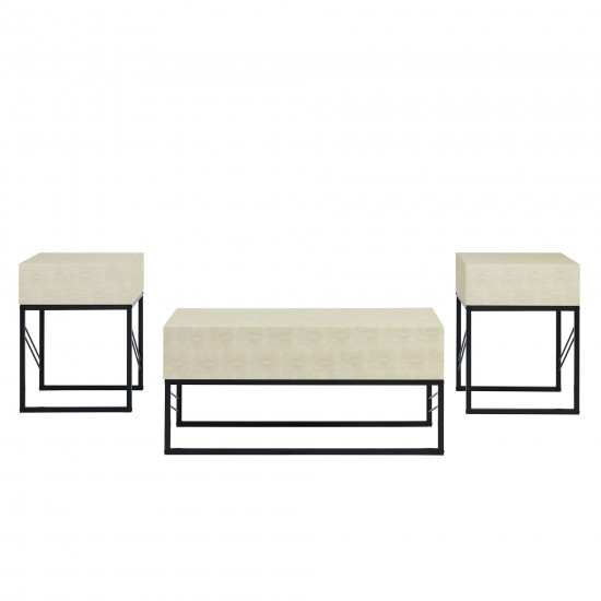 3 Piece Faux Shagreen Coffee Table and Side Tables - Off White