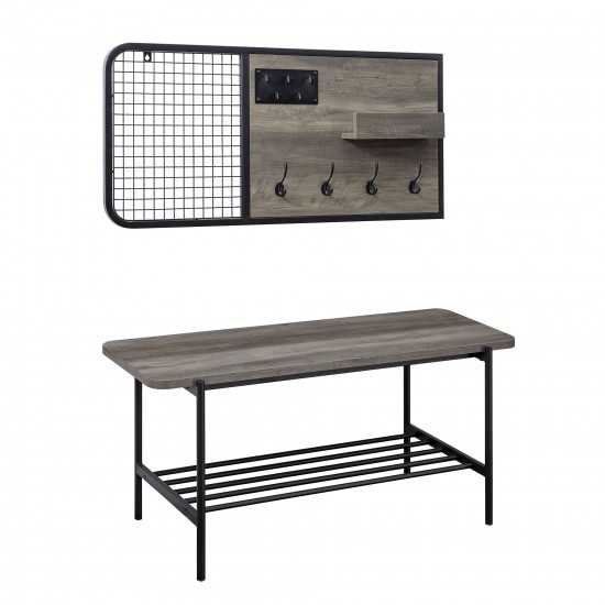 2 Piece Metal and Wood Bench with Wall Organizer - Grey Wash