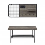 2 Piece Metal and Wood Bench with Wall Organizer - Grey Wash