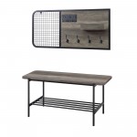 2 Piece Metal and Wood Bench with Wall Organizer - Grey Wash