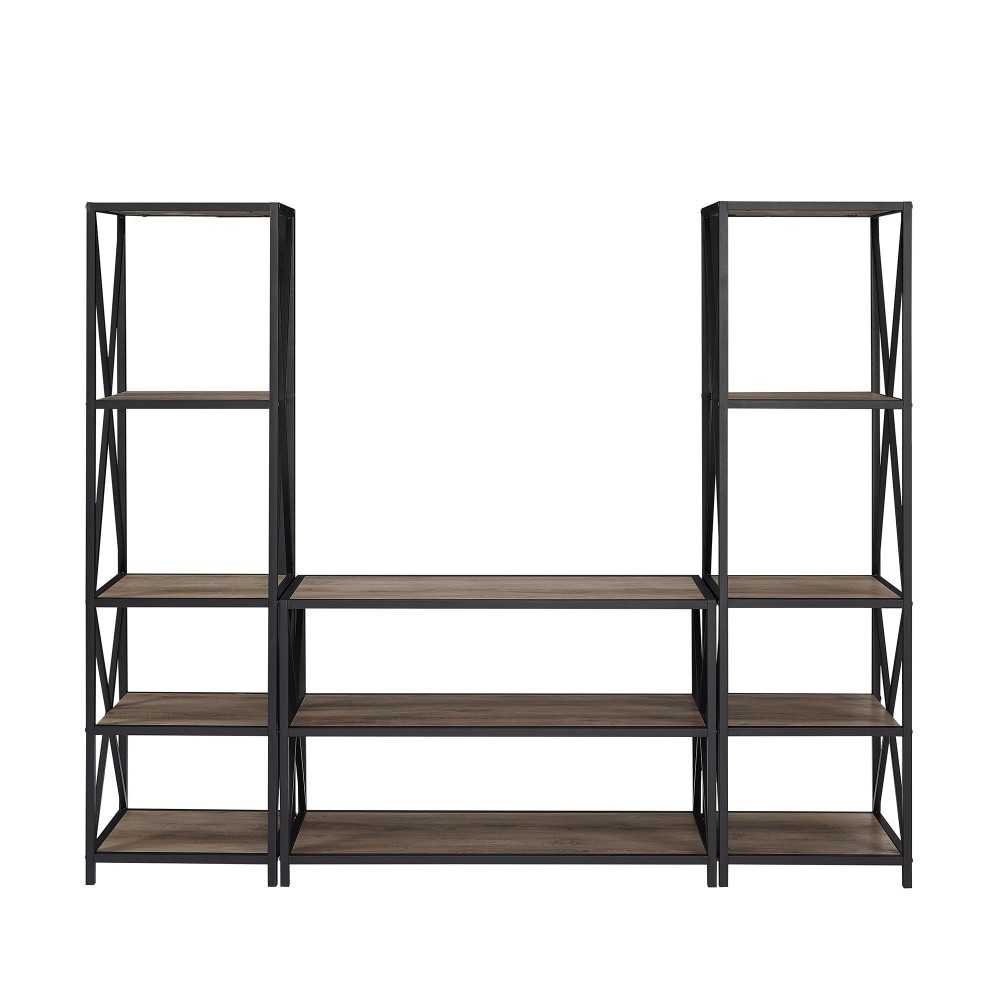 3-Piece Rustic Industrial Bookcase Set - Dark Walnut