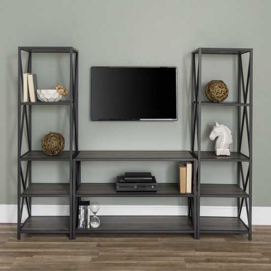 3-Piece Storage Wall with 40" X Console - Slate Grey/Black Metal