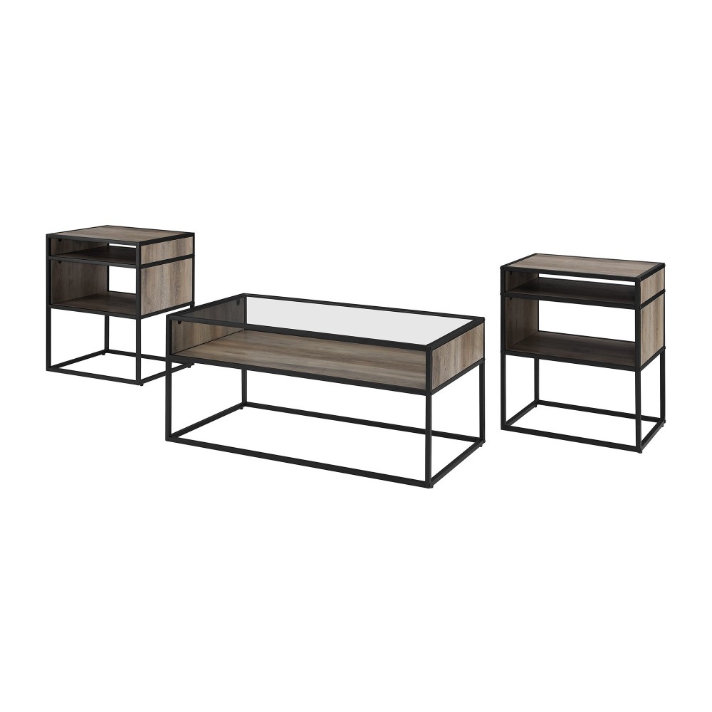 3-Piece Metal and Glass Accent Table Set - Dark Walnut